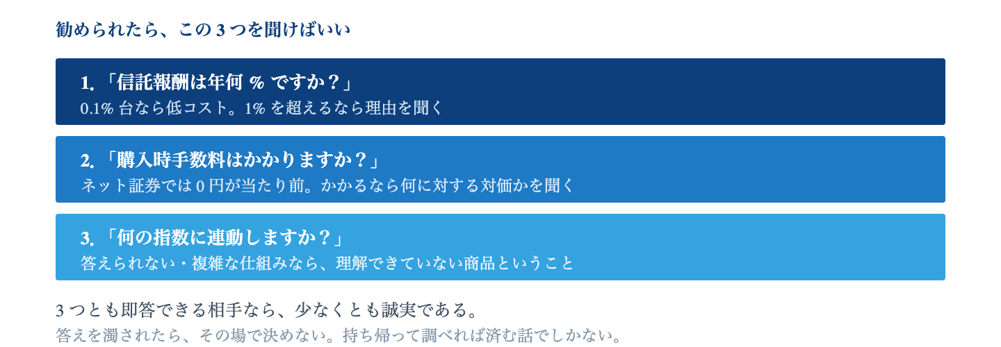 Fig. 勧められたときに聞く 3 つ|答えられるかどうか自体が判断材料になる。