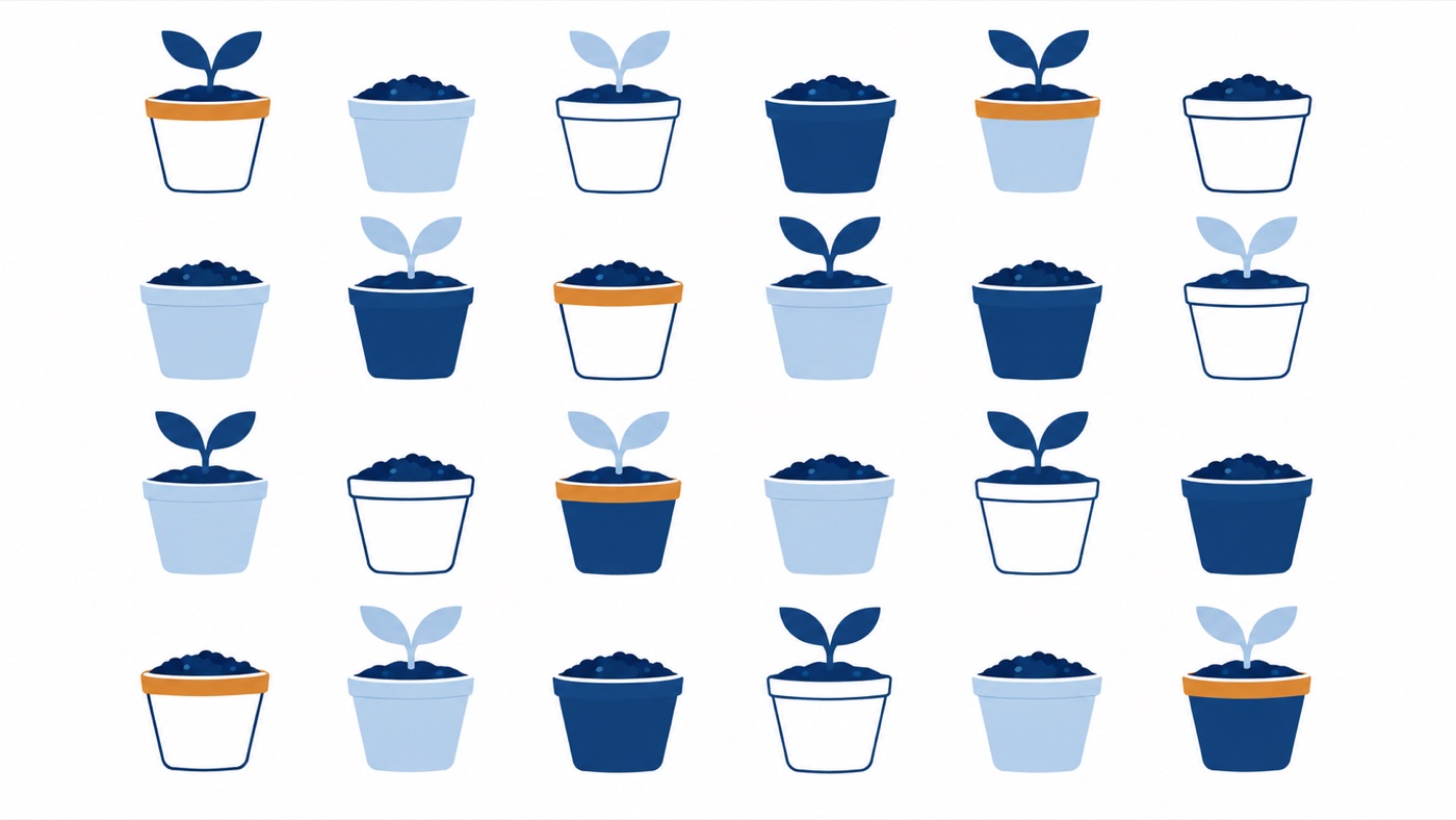 並んだ植木鉢のうち、半分だけ芽が出ているイラスト