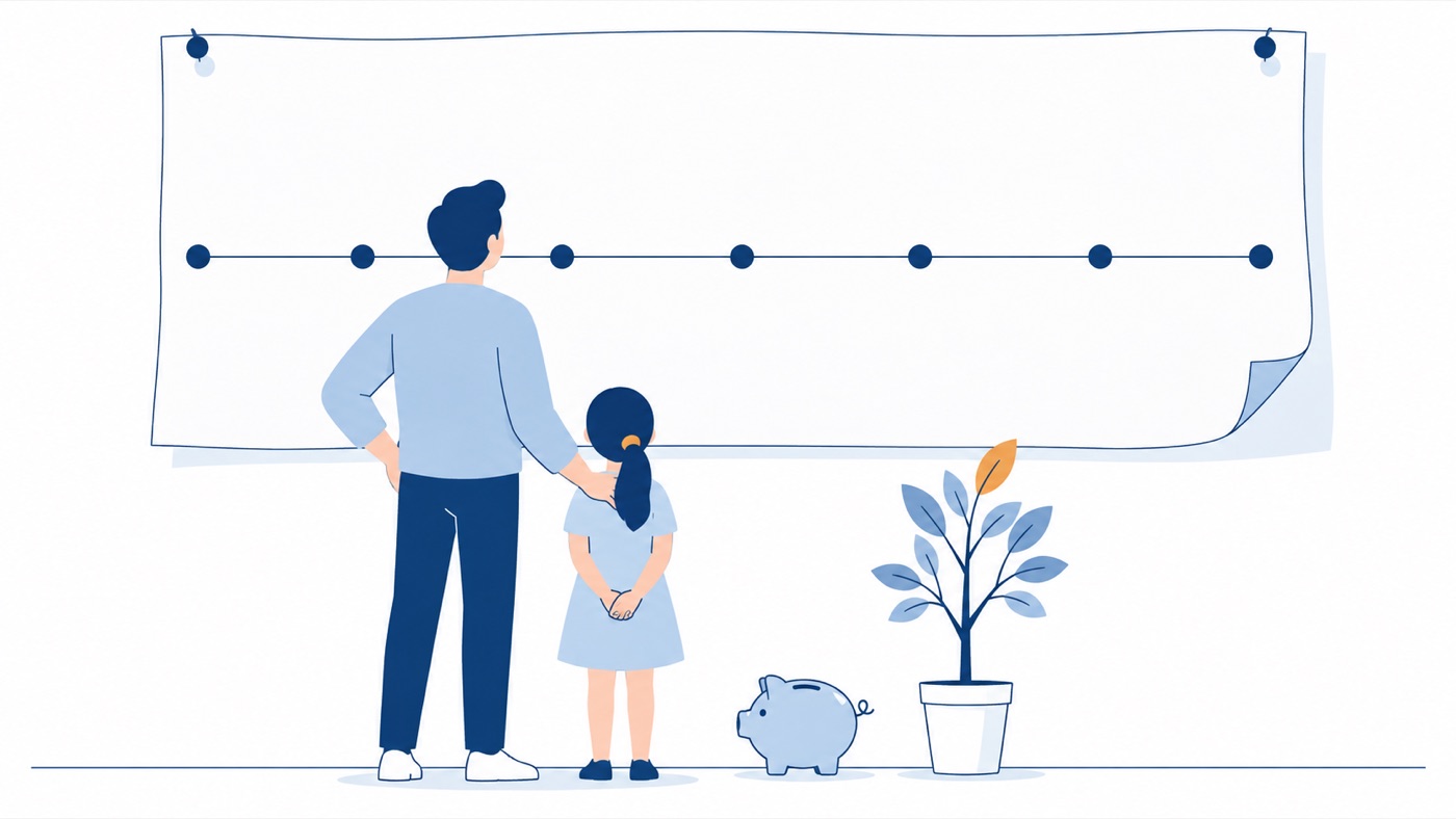 壁の年表を見上げる親子のイラスト